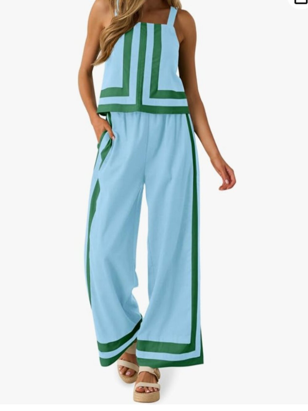 Tankaneo Womens 2 Piece Lounge Set Color Block Cami Top Wide Leg Pants Set